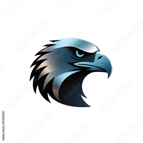 A metallic eagle head in silver and blue tones, featuring sharp details and a fierce, futuristic look.