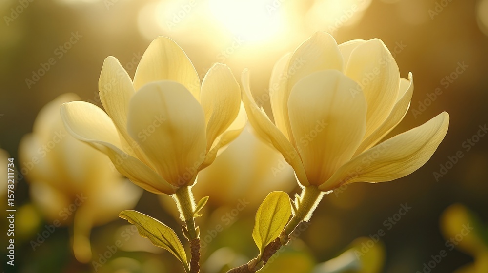 Fototapeta premium Two pale yellow magnolia blossoms bathed in golden sunlight