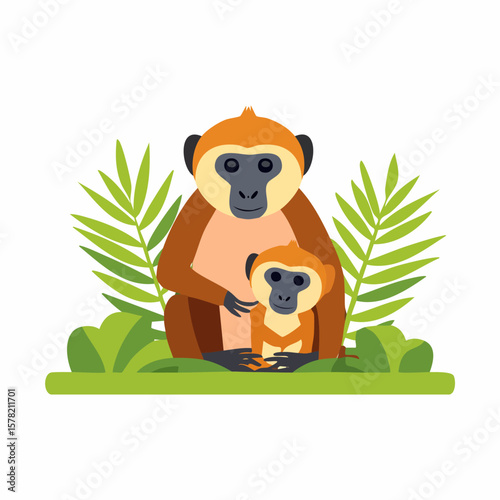 Affectionate Mother Monkey and Baby in a Lush Green Habitat.