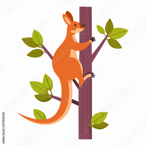 Animated Wallaby Climbing a Tree with Green Leaves and Branches.
