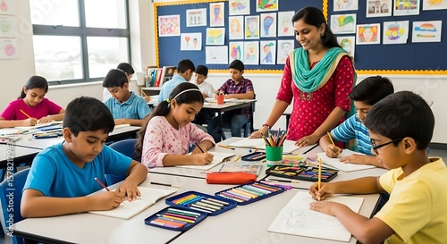 Teacher guiding students in an art class, children drawing with colorful pencils, A teacher helps elementary students create artwork in their school classroom
