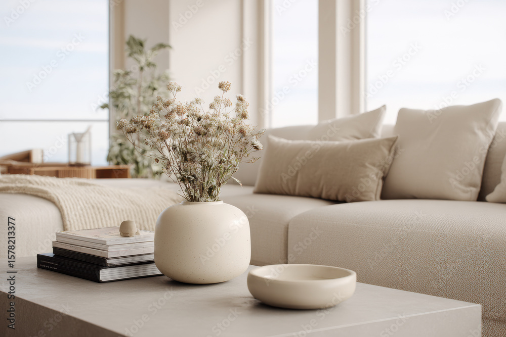 Naklejka premium create photorealistic ultraminimalist image featuring serene modern interior space