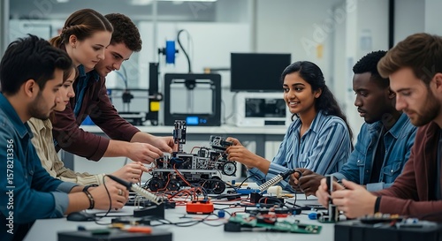 Diverse Students Collaborate on Robotics Project, Engineering Innovation and Teamwork in Tech Education