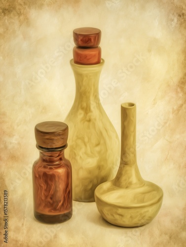 Still life with bottles and vases