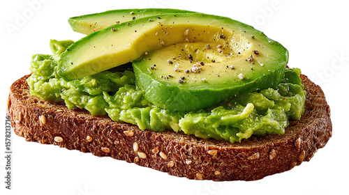 Slice of rye bread topped with smashed avocado isolated on transparent background 