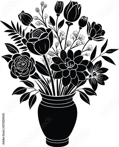 Black silhouette of a floral arrangement in a vase isolated on a white background, isolated on a transparent background
