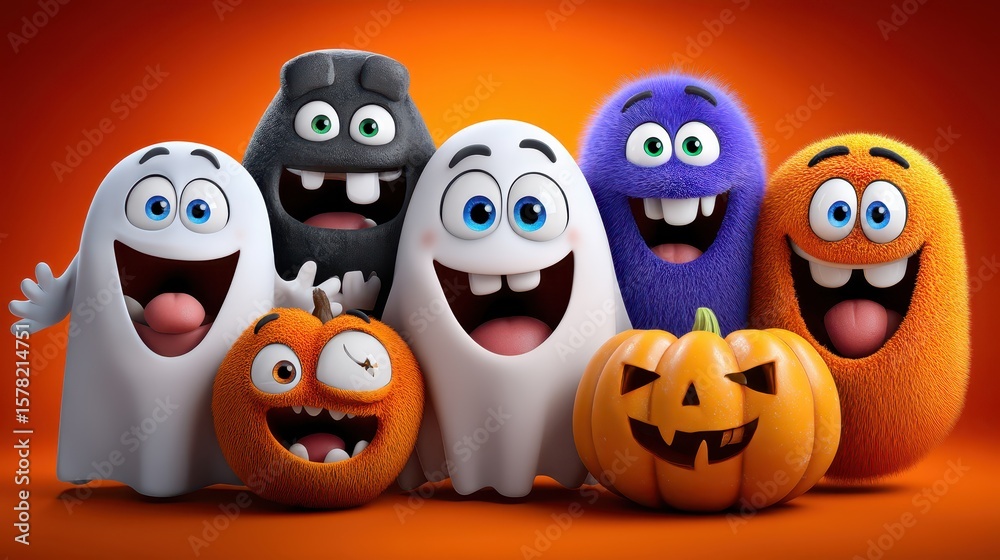 Fototapeta premium Colorful Group of Playful Spirits and Pumpkin on Bright Orange Background