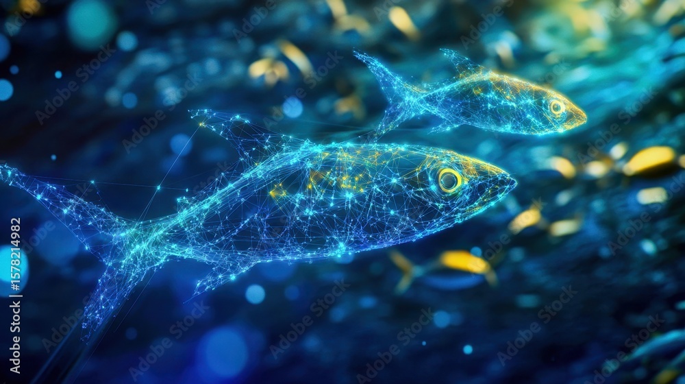 Fototapeta premium floating data fish swimming through virtual ocean depths