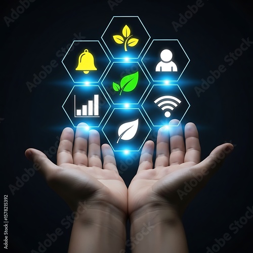 Human hands holding digital network icons image