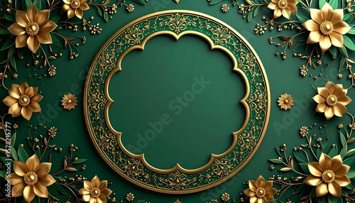 Floral, gold-framed circle on dark teal background