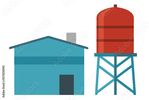 Rural Water Tank And Cylindrical Tower On White Background