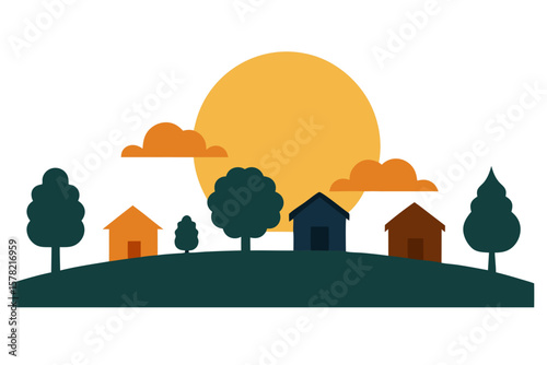 Sunrise Behind Village Trees And Rooftops
