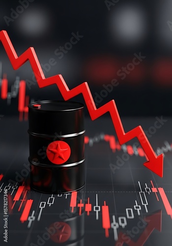 Black oil barrel red downward arrow stock market