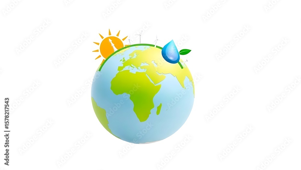 Naklejka premium Globe illustration showing earth with sun water drop and wind turbines on a white background