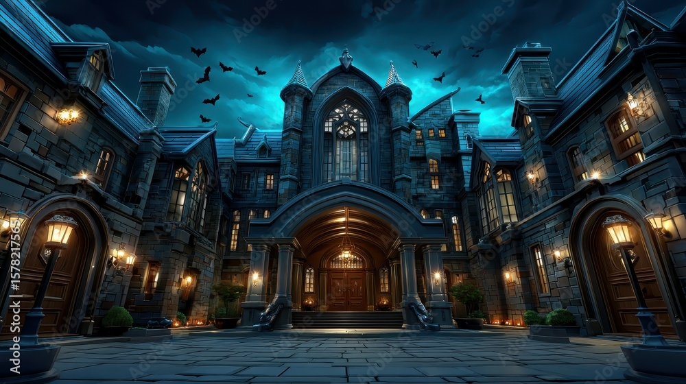 Fototapeta premium Old House Under Moonlit Sky With Bats and Shadows