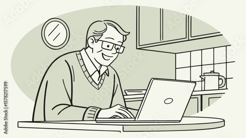 Illustration of senior man using laptop at home for online work or communication enjoying technology 100