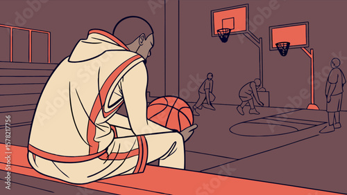Basketball player resting on bench with ball watching team practice game in indoor court training session