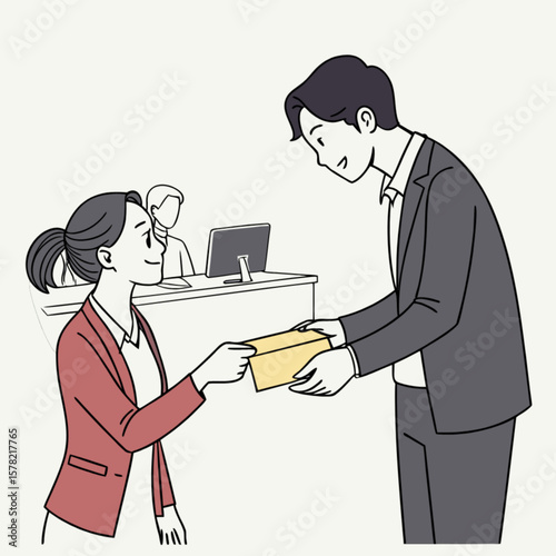 Business salary bonus compensation promotion employee receiving envelope from manager in office workplace setting