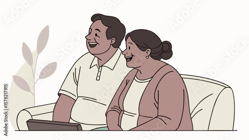 Illustration of happy senior couple watching tv together at home enjoying their retirement lifestyle bliss