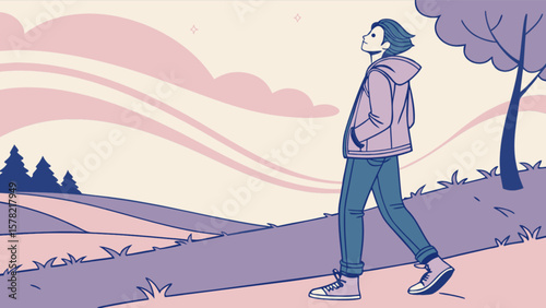 Man walking outdoors enjoying nature scenery illustration peaceful landscape vector art design for relaxation and wellbeing