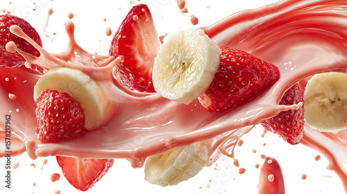 Strawberry and banana juice swirls in vibrant motion with splashing liquid in a cocktail smoothie concept isolated on tranparent background 