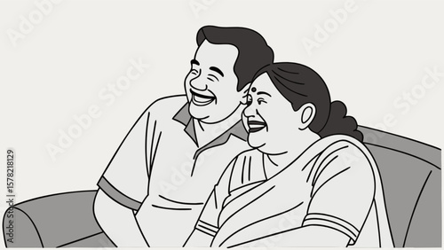 Laughing couple family husband and wife sharing a happy moment together on the couch in black and white art