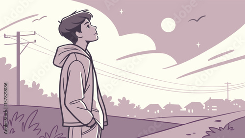 Boy looking up at the sky dreamy illustration with clouds and birds in nature landscape drawing art