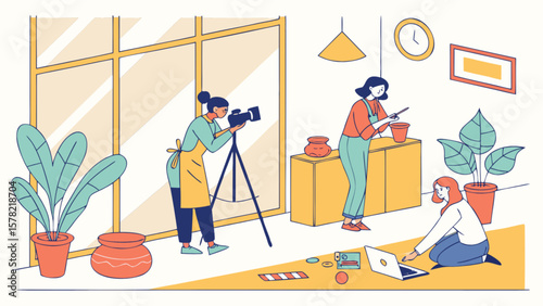 Creative studio photography photoshoot with team working on product marketing and branding online now