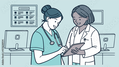 Doctors and nurses collaborating on patient care using tablet in hospital medical office setting for healthcare