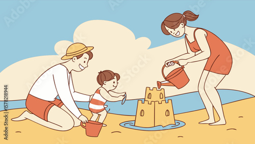 Family vacation at the beach building a sandcastle summer fun and happy memories together seaside holiday trip