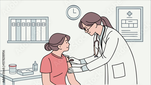 Illustration of doctor giving vaccine injection to patient in clinic for healthcare and immunization 100