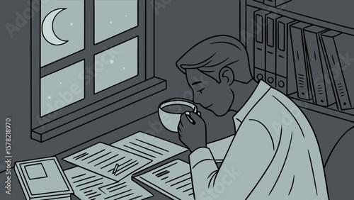 Man working late night office with coffee vector illustration design for website and graphic design