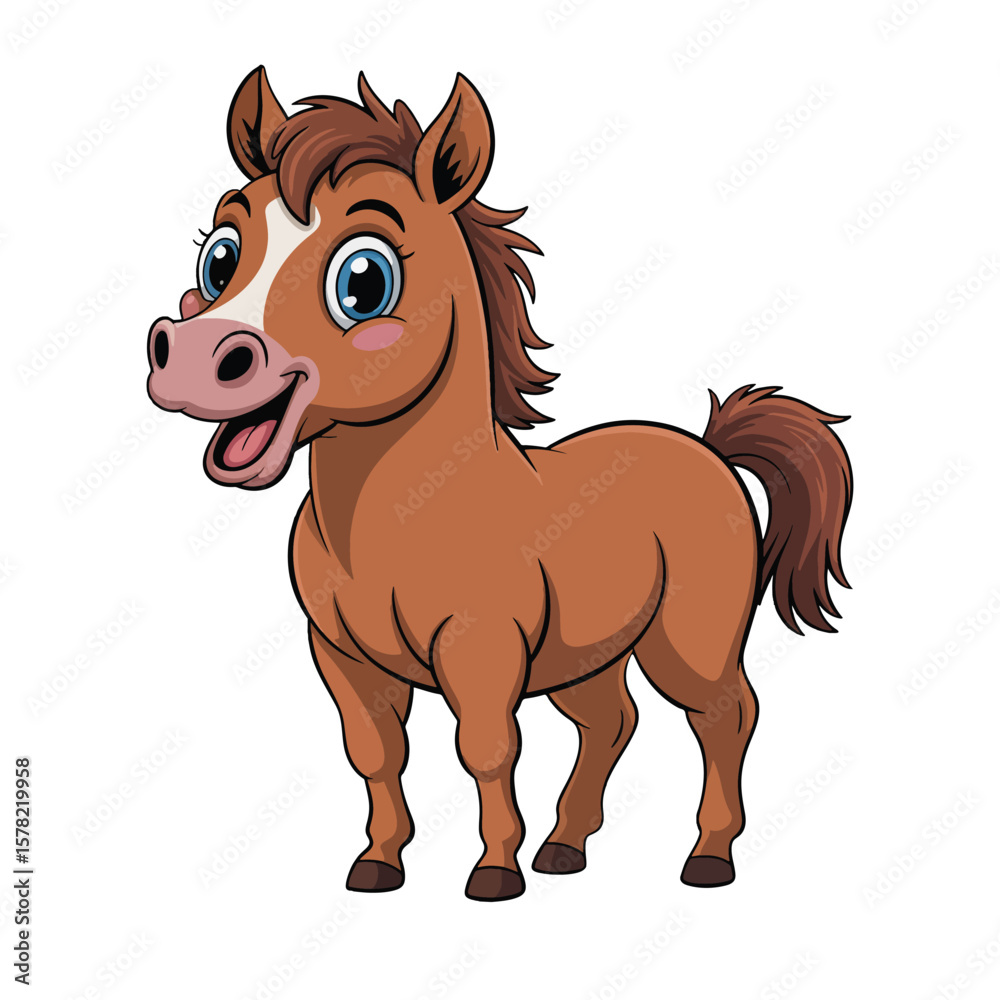 A cheerful brown cartoon horse standing happily with a wide smile and friendly eyes vector illustration. A cheerful brown cartoon horse standing happily with a wide smile and friendly eyes vector illustration.