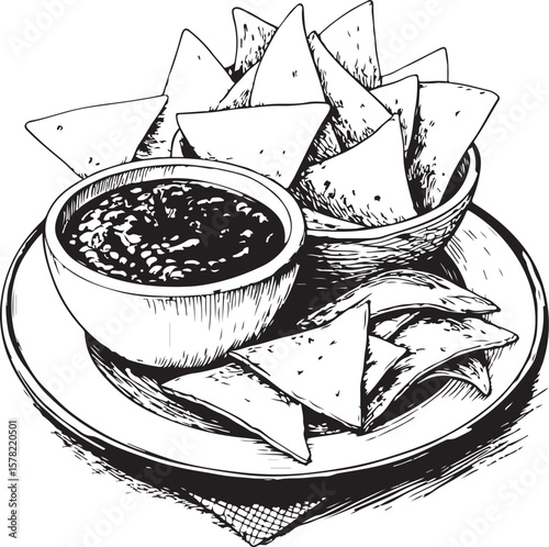 Mexican corn chips nachos with salsa dip Vector Illustration, Sketch Drawing Line Linear Symbol Icon Engraving Coloring Book, Hand-drawn Black and White Isolated
