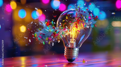 A glowing bulb with festive multicolored particles trapped inside, symbolizing creativity
