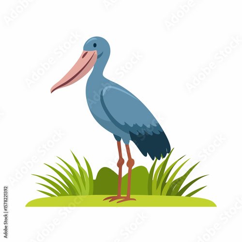 Cartoonish Blue Bird with Long Beak Standing in Green Grass