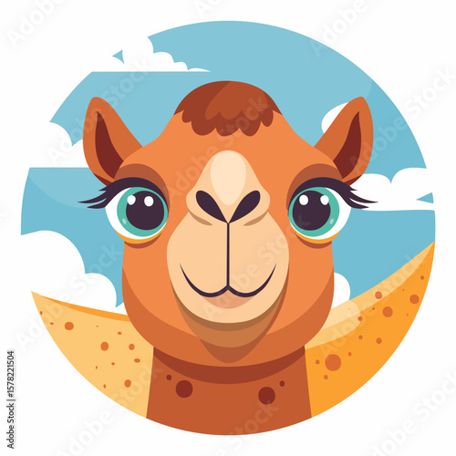 Smiling Cartoon Camel with Eyelashes and Turquoise Eyes in a Circle