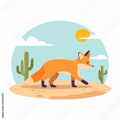 Cartoon Fox Walking Across a Desert Landscape Under Sunny Skies
