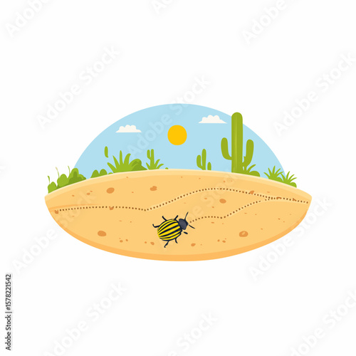 Cartoon Beetle Traversing Desert Landscape Under Bright Sunny Skies
