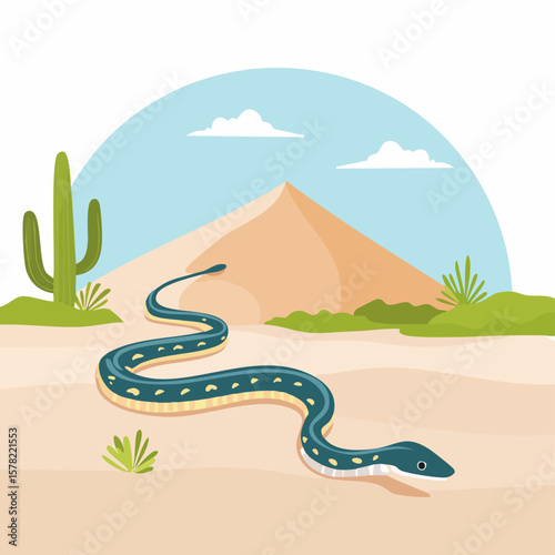 Cartoon Snake Slithering Across Desert Landscape with Cactus and Dunes