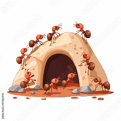 Cartoon Ants Gather Around Their Detailed Anthill Home, Busy and Active.