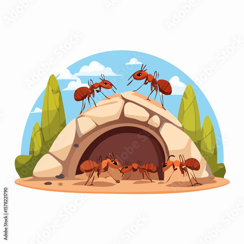 Cartoon Ants Exploring Their Anthill Home Under a Sunny Sky