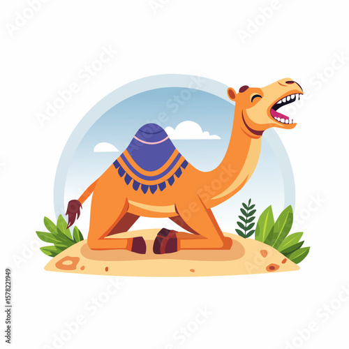 Smiling Camel Relaxing on Sand with Decorative Saddle and Plants