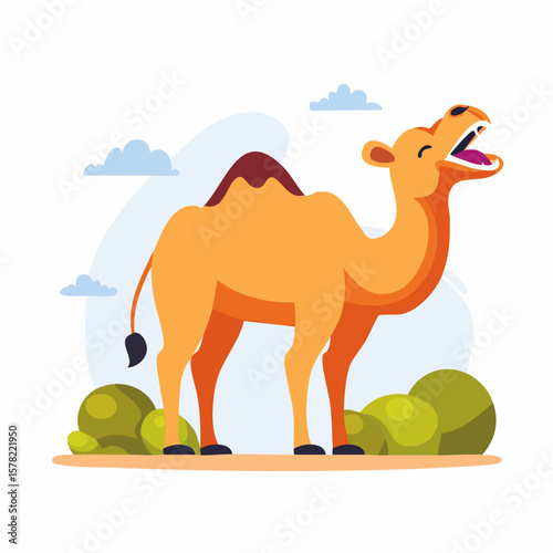 Cheerful Cartoon Camel with Open Mouth, Smiling and Standing Proudly