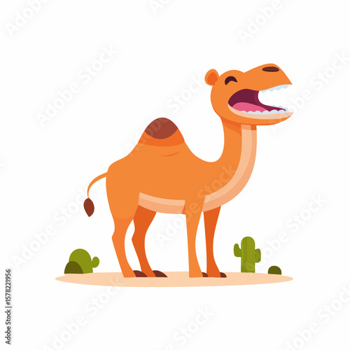 Cheerful Cartoon Camel with Open Mouth and Desert Landscape Elements