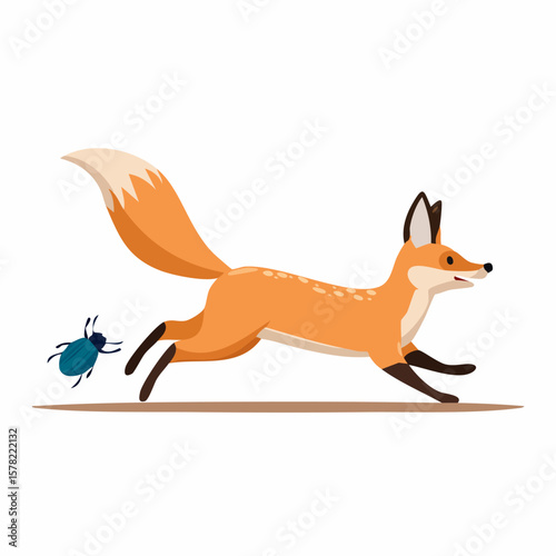 Playful Fox Chasing a Blue Beetle in Dynamic Cartoon Illustration
