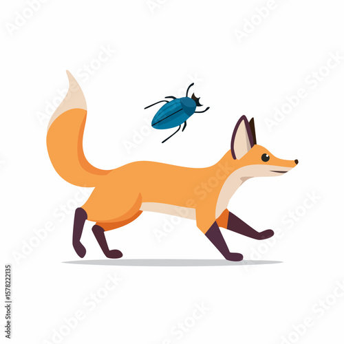 Playful Fox Chasing a Blue Beetle in Dynamic Cartoon Illustration