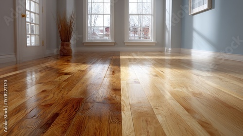 Stunning oak wood flooring with before and after restoration in a bright room