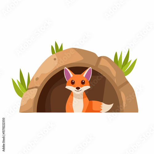 Smiling Cartoon Fox Emerging From Its Cozy, Stone-Like Burrow