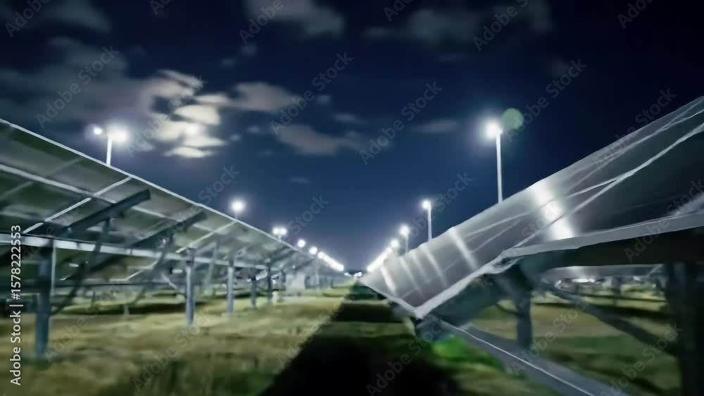 Night View of Solar Panel Farm under Moonlit Sky Night View of Solar Panel Farm under Moonlit Sky